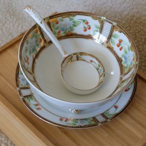 Nippon hand-painted flower saucer with ladle